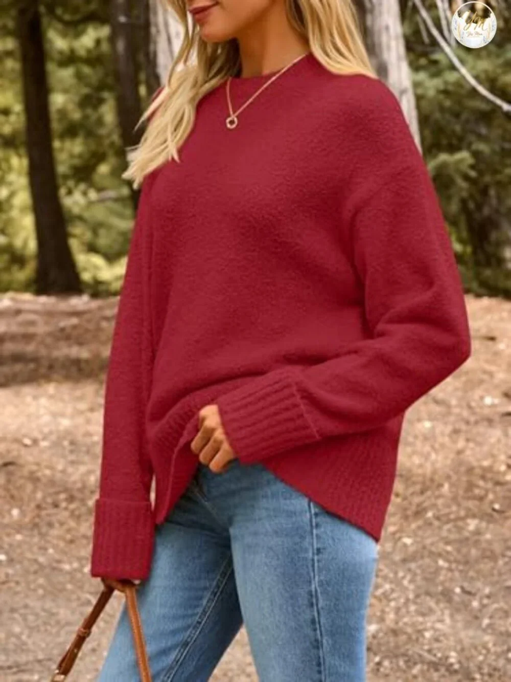 Women's Oversized Warm Knit Sweater 50% Polyester 35% Acrylic Long Sleeve Crew